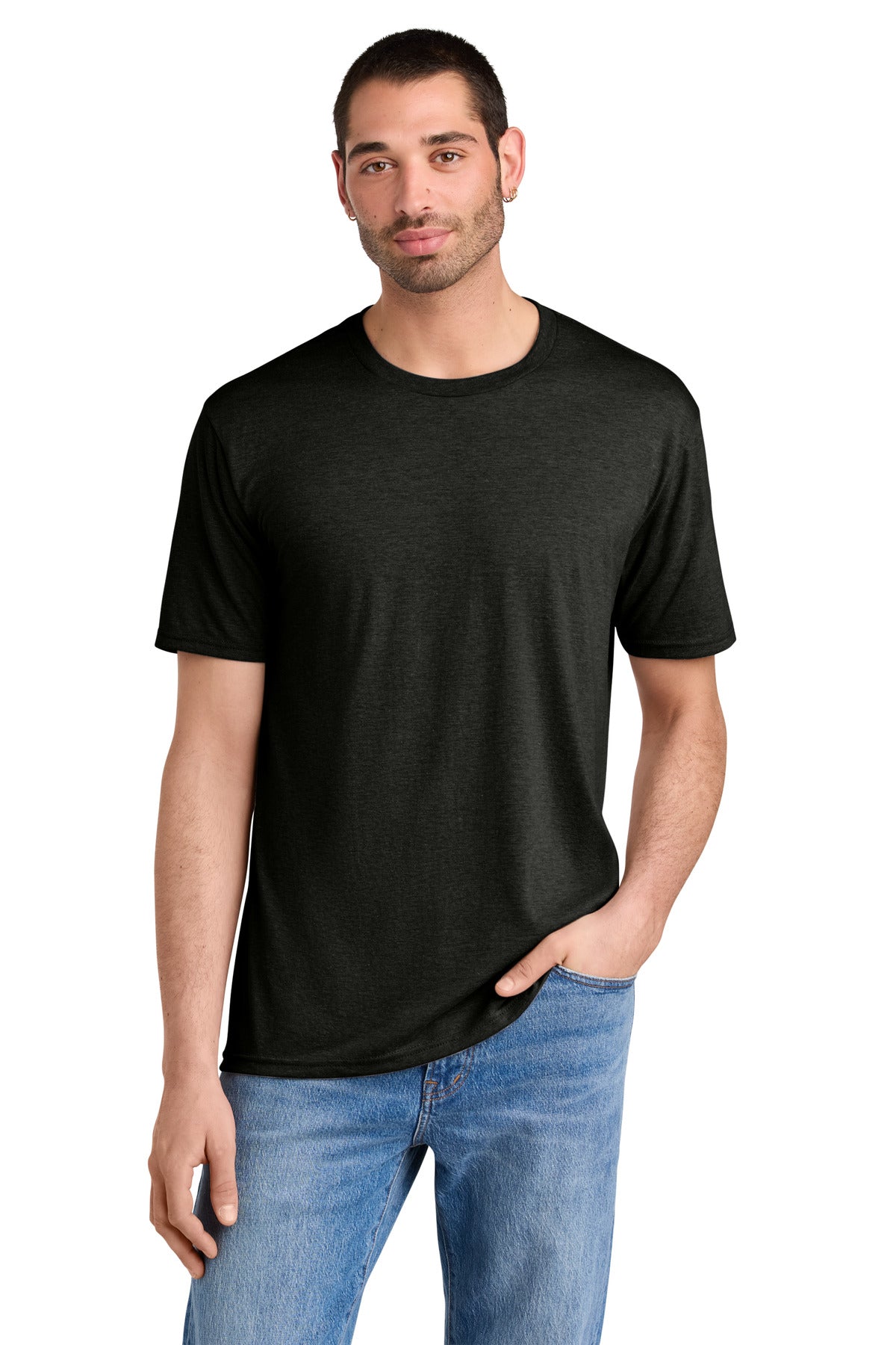 Front View of Black Frost District Perfect Tri Tee. DM130