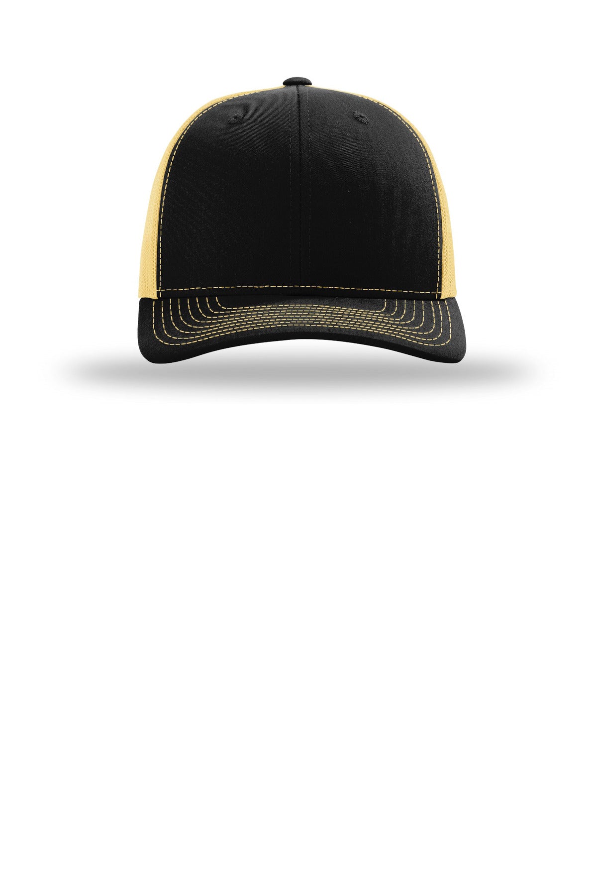 Front View of Blk/VgsGld Richardson Trucker Cap 112