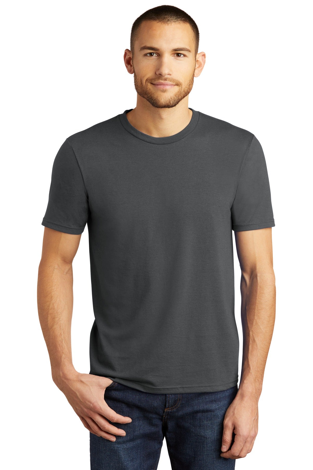 Front View of Charcoal District Perfect Tri Tee. DM130