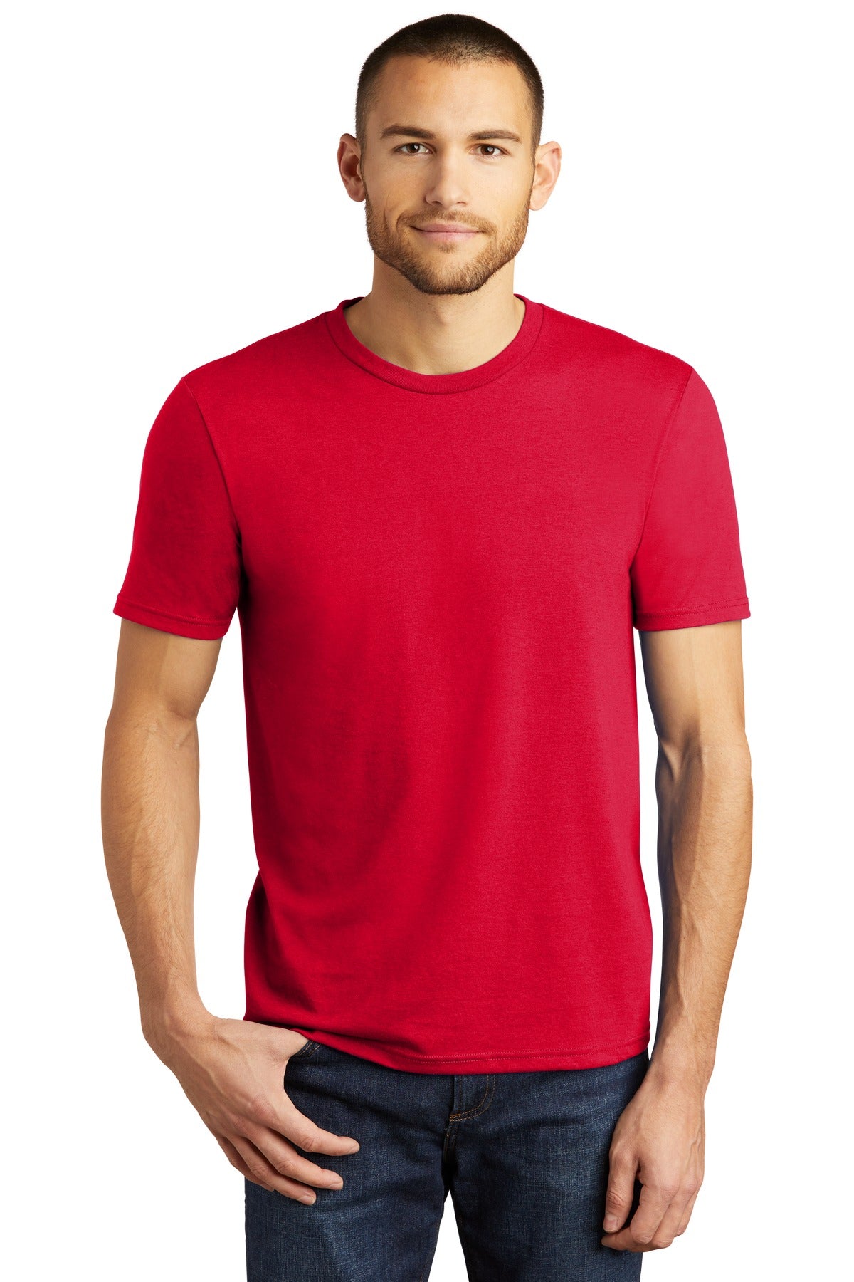Front View of Classic Red District Perfect Tri Tee. DM130
