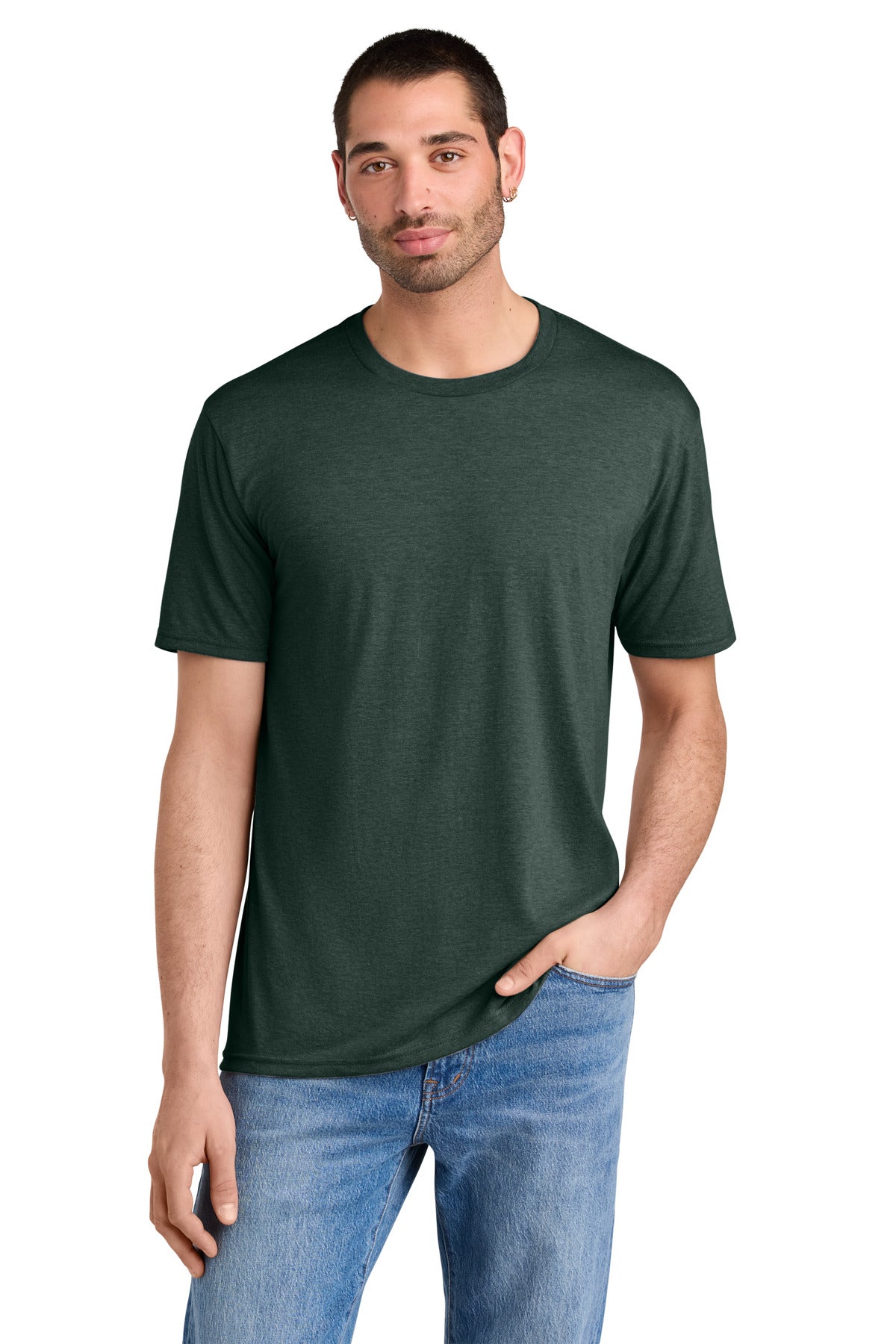 Front View of HtdForGrn District Perfect Tri Tee. DM130