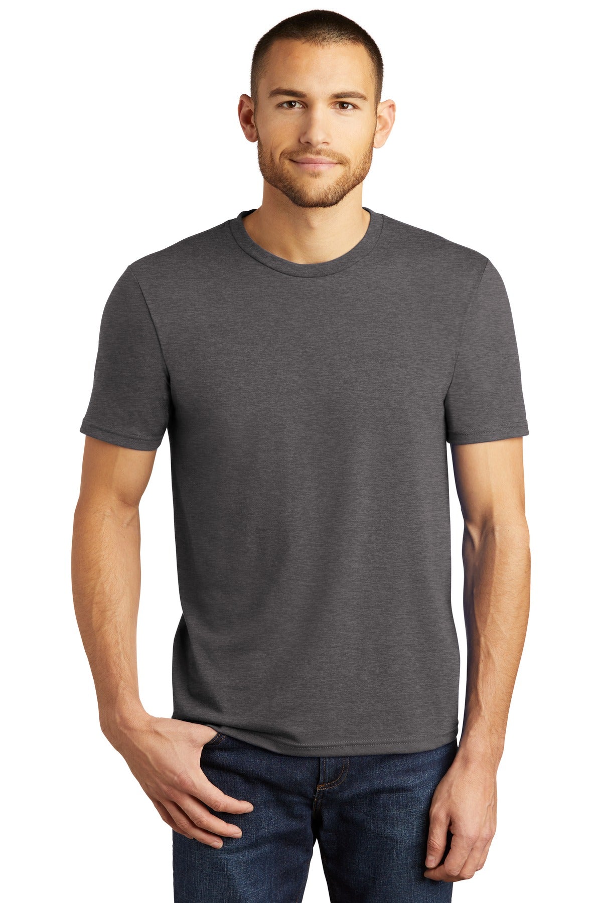 Front View of Hthrd Charcoal District Perfect Tri Tee. DM130