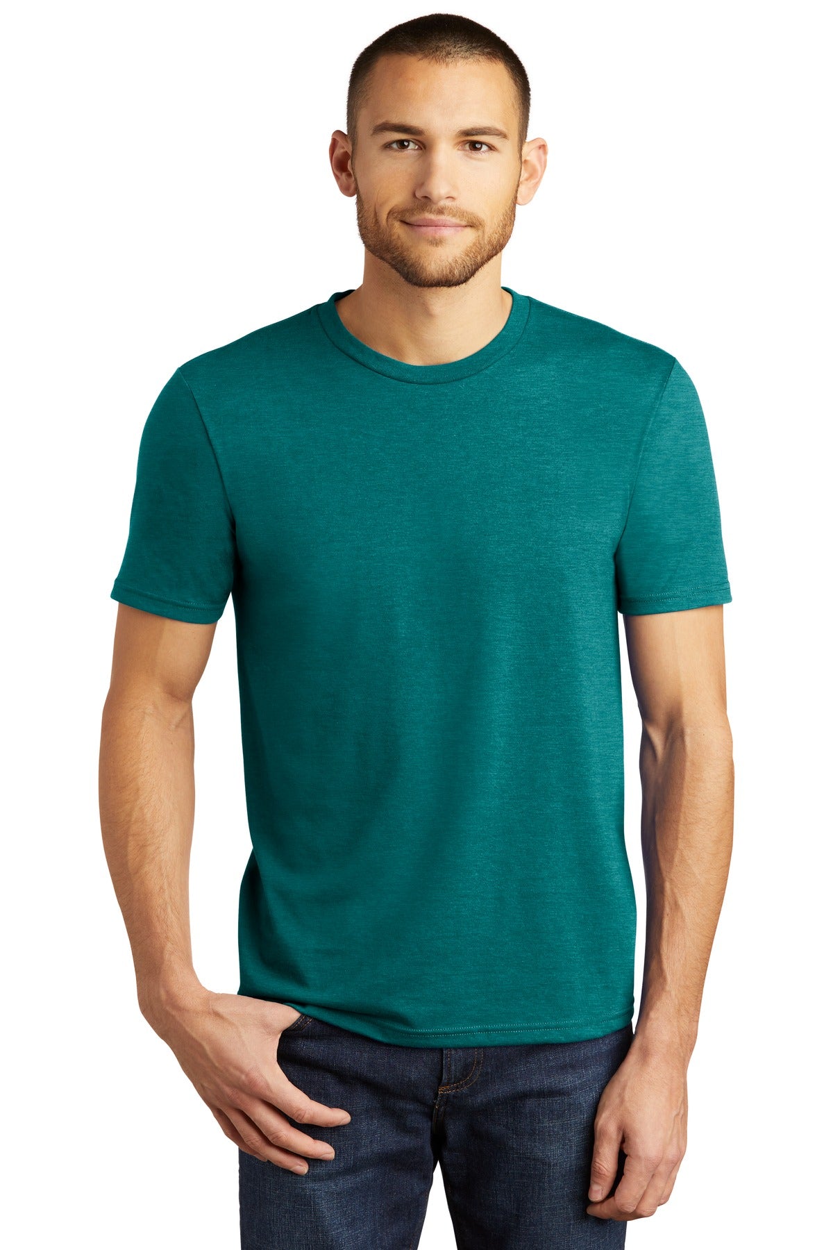 Front View of Hthrd Teal District Perfect Tri Tee. DM130