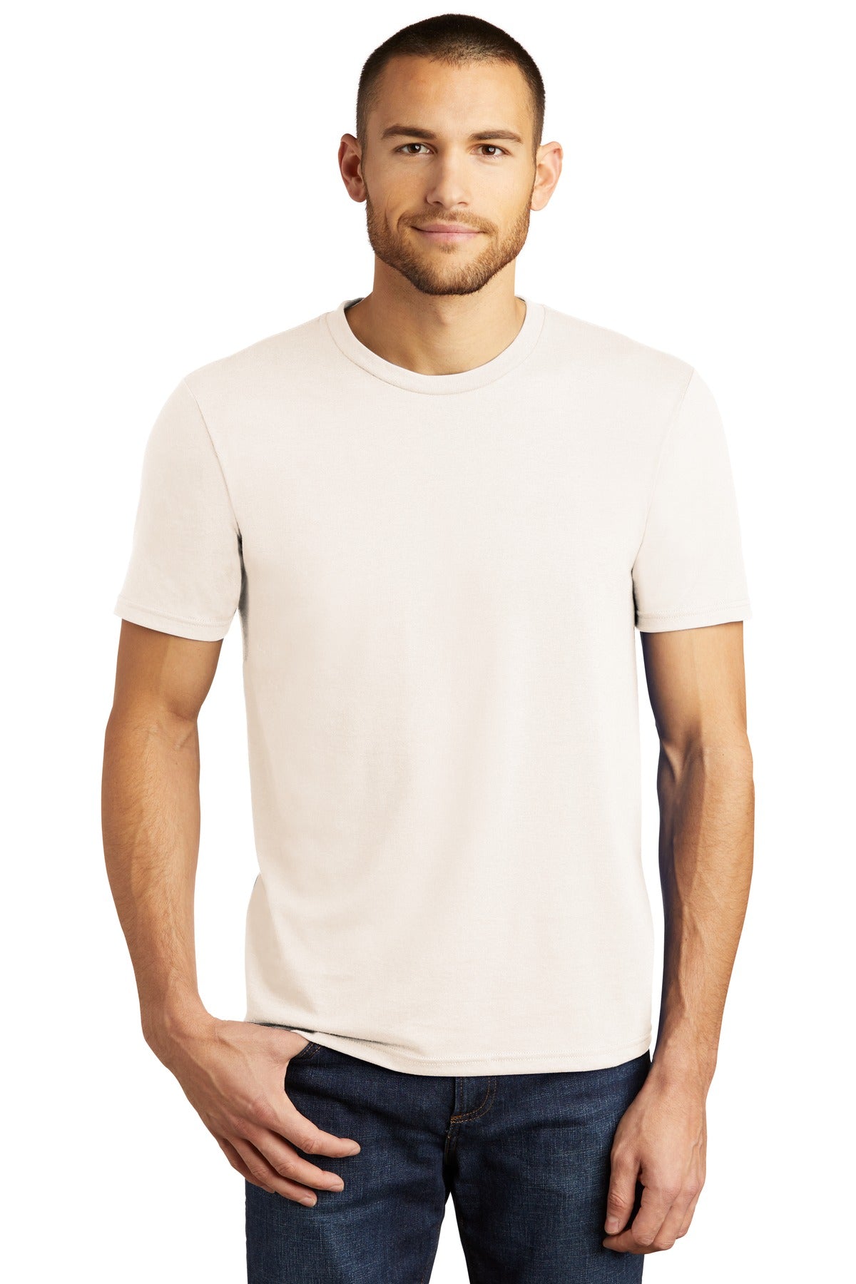 Front View of Natural District Perfect Tri Tee. DM130