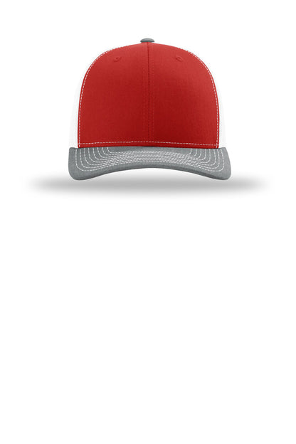 Front View of Rd/Wh/HtGy Richardson Trucker Cap 112